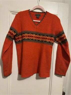 Eddie Bauer Orange V-Neck Vintage wool Sweater with Multicolor Stripe. Size M.